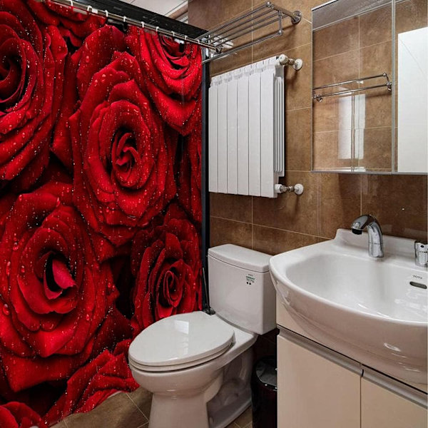 Rött ros duschdraperi för badrum, vattentätt regndroppar tyg badrum set 12 st krokar (72'' B x 72'' L)