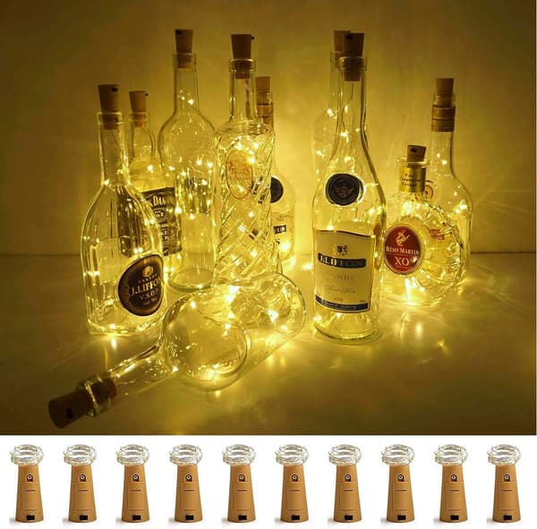 Vinflaskelampor med kork, 10-pack batteridrivna LED-korkform silverlinjefärg
