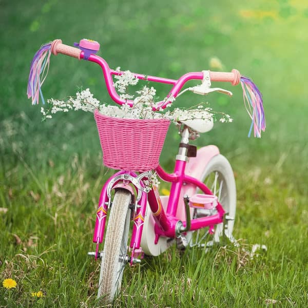Rosa lilla barnesykkelkurv med justerbare frontstropper