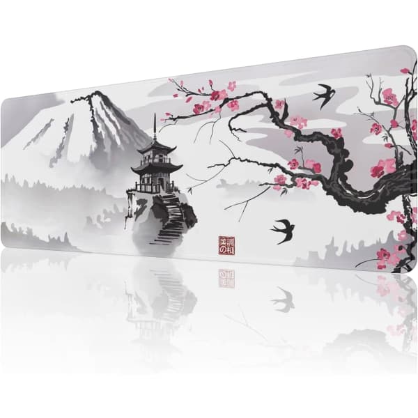 Japansk Kirsebærblomst-Musematte (80 x 30 x 0,3 cm) Forlenget Stor Musematte Skrivebordsunderlag, Sydd Kant Musematte, Gaming Musematte XL