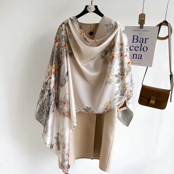 Beige Floral and Black Patterned Scarf/Shawl, Size 180x90 cm, Large Size, Silky Feel, Soft and Comfortable.