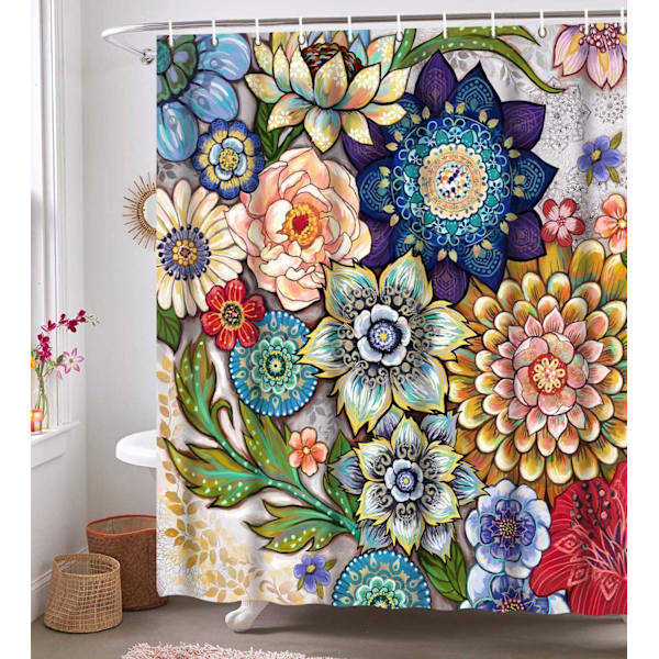 Boho blommiga duschdraperier för badrum, ljusa tygblommiga duschdraperier med 12 krokar, Multi