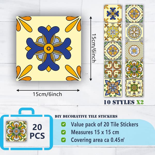 20 pcs tile stickers (15x15cm, yellow), bathroom decorations