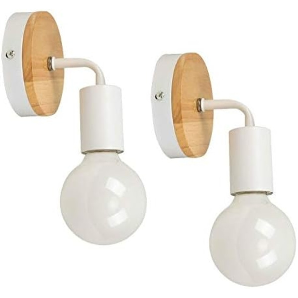 2-pack moderna E27 vägglampor i trä och smidesjärn