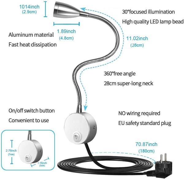 Adjustable Reading Lamp, Wall-Mounted LED Bedside Lamp with Flexible Aluminum Gooseneck, Focused Warm Soft Light, Touch Switch, Stepless Dimmer