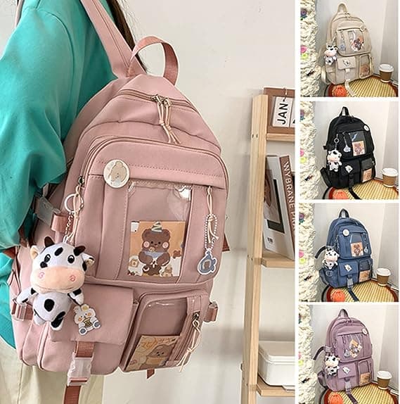 Kawaii Backpack with Cute Pin Accessories Plush Pendant School Backpack Cute Aesthetic Backpack-Beige