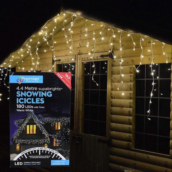 4.4M Premier 180 Led Utomhus Snöande Istapp Julbelysning & Timer - Varmvit