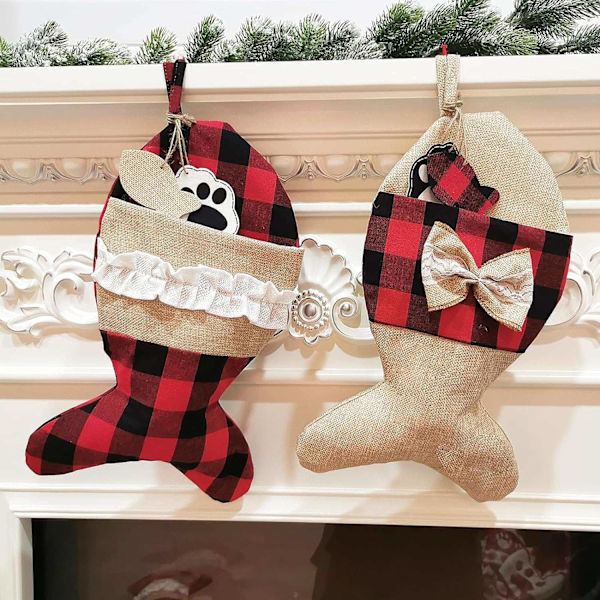 2-pack julstrumpor i fiskform av jute för upphängning, julklappspåse för eldstad, julgranshängande