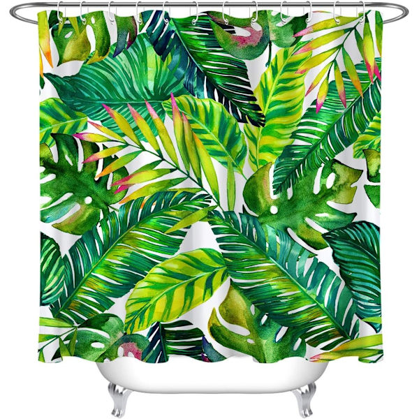 Tropiska gröna blad Duschdraperi 180cm Bredd x 200cm Hög Palmträd Bananblad, Vit Badgardin