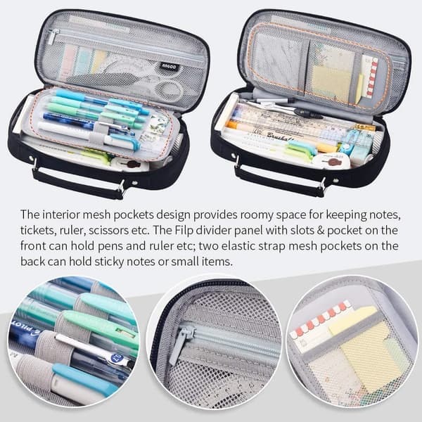 Pencil case, spacious pencil case with multiple compartments for pens for university, work, office, school, yellow (black)