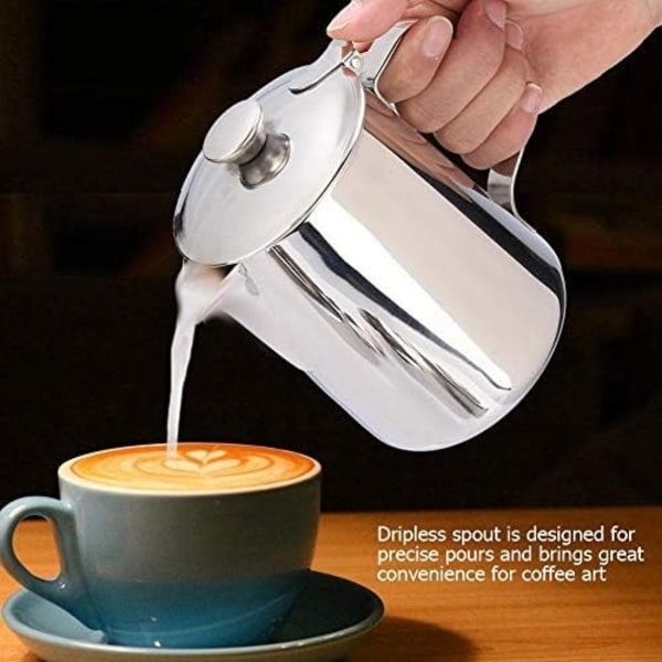 Rostfritt stål kaffekopp mugg mjölkskummare kanna med lock för Latte Coffee Art för kontor kök (600 ml)