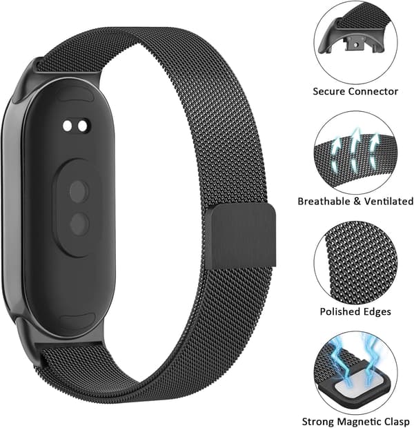 Rem til Xiaomi 8 menn kvinner, metallarmbånd til Xiaomi Mi Band 8 magnetisk rustfritt stål mesh-rem med sterk magnetisme