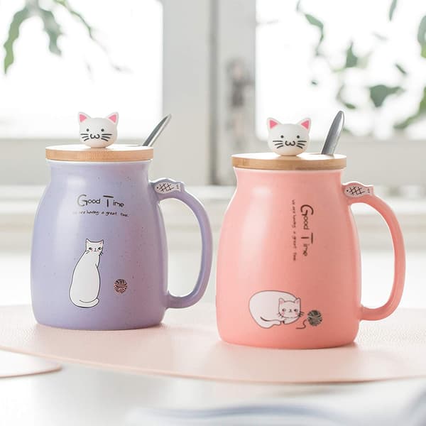 Breakfast Mug Gift for Friends Cat Coffee Mug Rabbit Tea Cup with Lid Spoon Blue