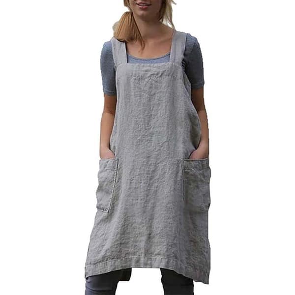 L Kokkeforkle Pinafore Forkle Hagearbeid Bomull Lin Frontlomme