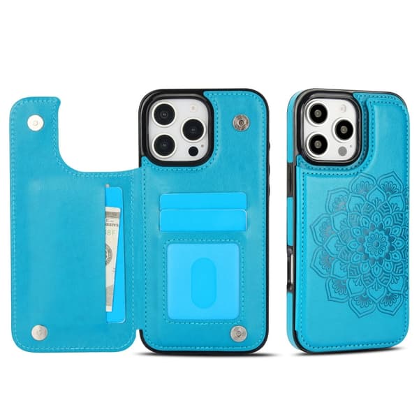 iPhone 16 Pro Max Cover - Dobbelt Spænde Mandala Læder Etui Blå