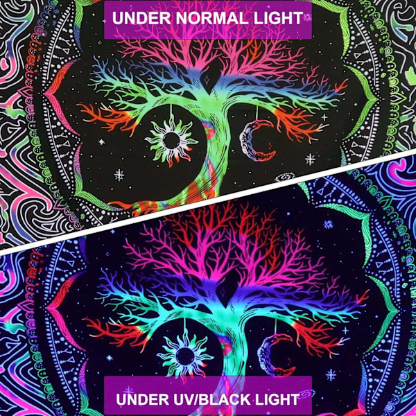 Livets träd gobeläng, Mandala sol och måne gobeläng väggbonad, Hippie UV-reaktiv väggdekor för