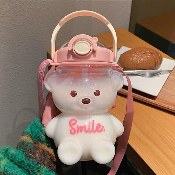 1000 ml Bear Water Bottle with Straw, Bottle with Shoulder Strap Portable Bear Cute Drinking Bottle for School Travel (No Stickers) brown 1pcs