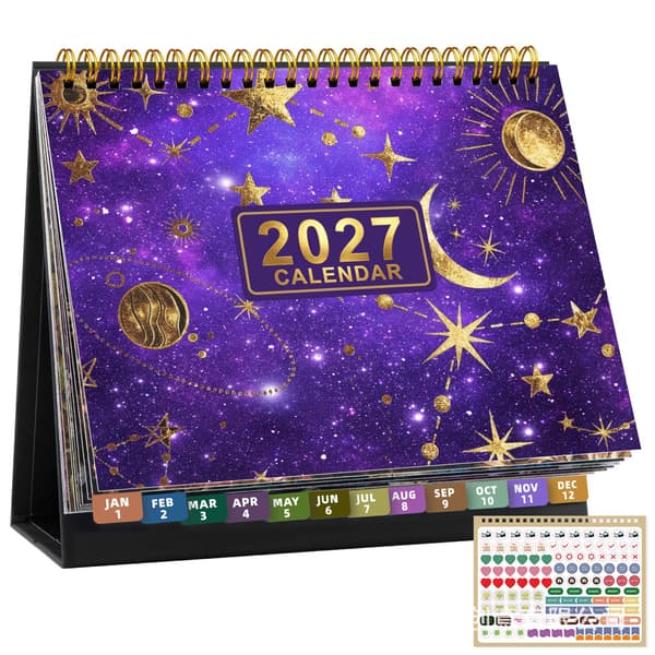 2027 Skrivebordskalender, 12-måneders planlegger, Spiralbundet Stjernehimmel Skrivebordskalender