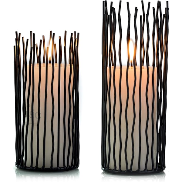 Set med 2 metallpelare ljusstakar, LED flamlösa elektroniska svarta bordsljusstakar, metallburk