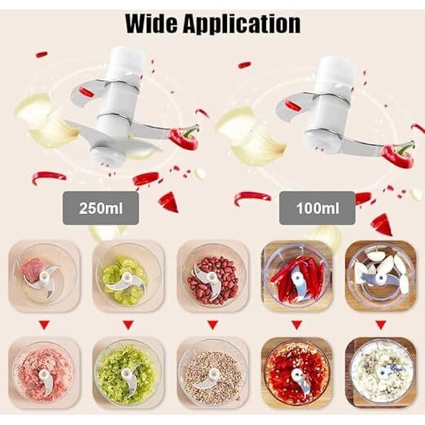 Mini Electric Onion Chopper with 2 Cups, Multi Kitchen Mixer Chopper 250ML+100ML, USB Rechargeable for Vegetables, Fruits, Meat (White)