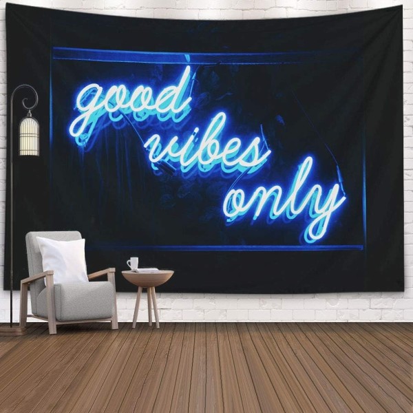 Väggbonad i gobeläng, citat gobeläng Good Vibes Only ord i neon för sovrum vardagsrum