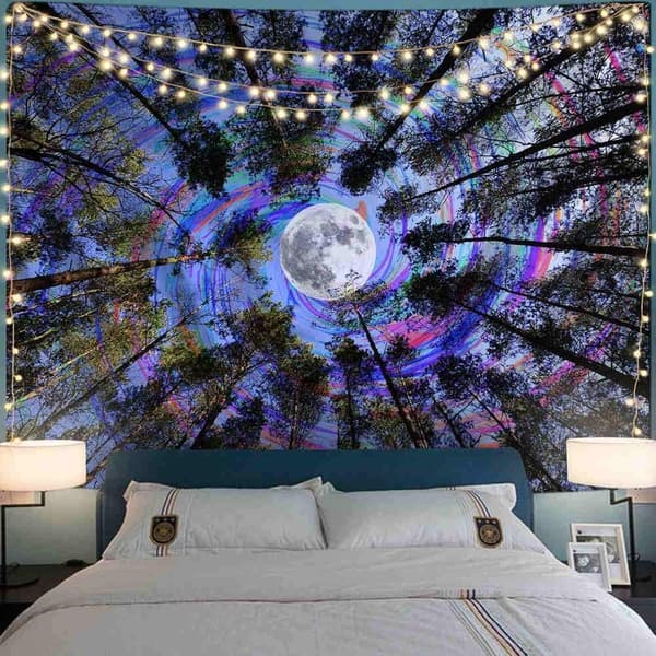 Psykedelisk Måntapet, Väggbonad i Högdensitetspolyester, 150x150 cm, för Sovrum och Studentrumsinredning
