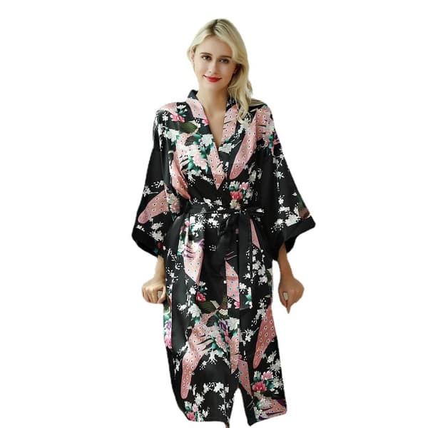 Blomstret Blød Satin Kimono Morgenkåbe Bryllup Badekåbe Nattøj Sort Dame M
