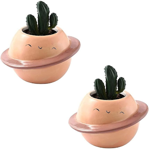 Set med 2 keramiska blomkrukor - För suckulenter - Kreativ - Mini Planet - Dekorativ blomkruka för inomhus eller trädgård - Orange