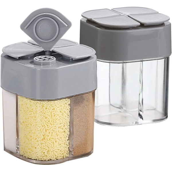 2-pack transparenta kryddburkar, 4-i-1 plastkrydddispenser med lock för kökskryddförvaring som används hemma, grillning, camping, resor