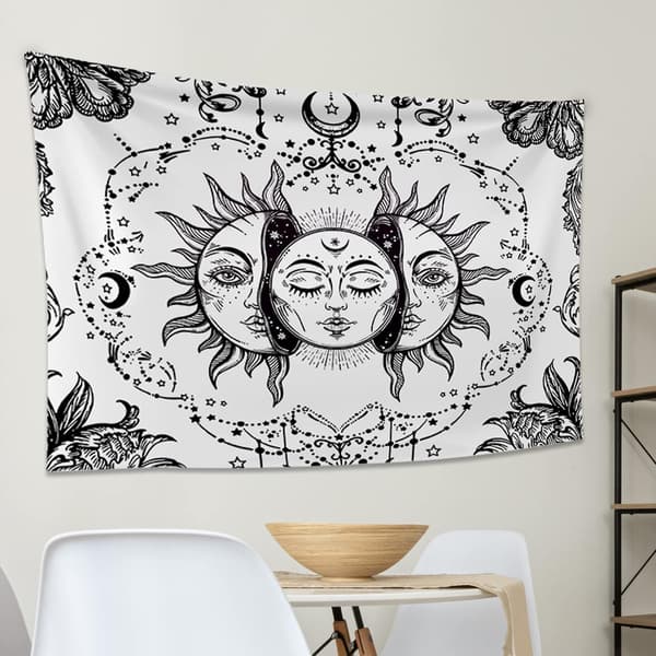 Sol och måne svartvit mandala väggbonad psykedelisk väggbonad som sovrum