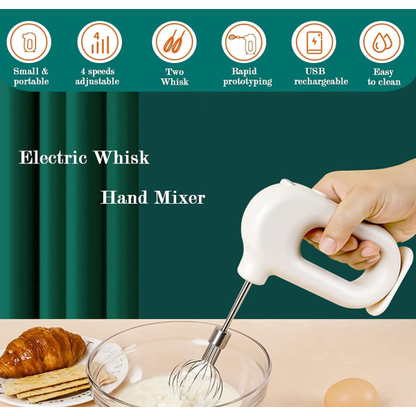 MINI Hushållssladdlös Elektrisk Handmixer, USB Laddningsbar Handhållen Äggvisp med 2 Avtagbara St