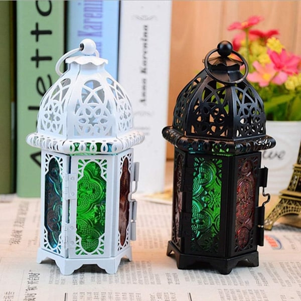 2 st metallkandelabrar små bröllopscenterpieces målat glas hängande lyktor, ljuslyktor