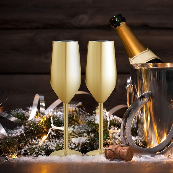 2 set med champagneflöjter i rostfritt stål, 200 ml guld