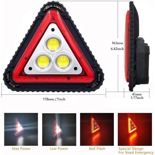 2025 Lämplig Portabel LED Varningstriangel, Portabel LED Arbetslampa, USB Uppladdningsbar, 4 Lägen Triangel COB Flood