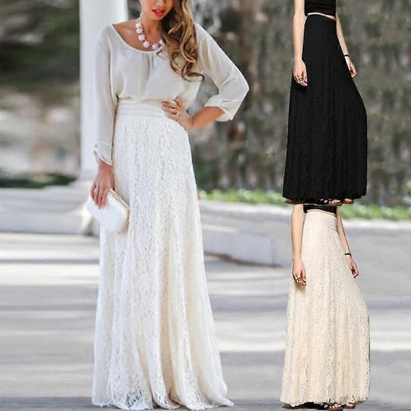 Maxi Lång Spets Full Boho Kjol Plisserad Strand Tyll Elegant S-XL vit för kvinnor