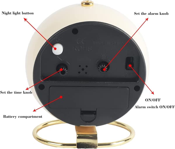 Tyst analog väckarklocka med varm nattlampa, tickar inte, minimalistisk rund design för sovrum