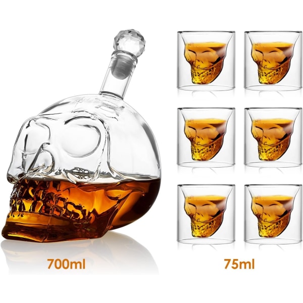 Skull glasflaska, skalle flaska 700ml med 6 skalle glas 75ml, skalle flaska med whisky vodka eller