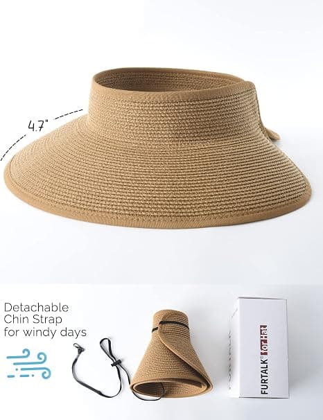 Solhat til kvinder, bredskygget stråhat, sammenrullelig, foldbar, hestehale, sommerhat til stranden, UV UPF, foldbar til rejser khaki