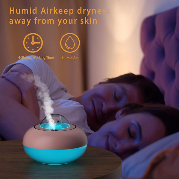 Söta luftfuktare för hemsovrum, 300 ml miniluftfuktare med 7-färgad LED-lampa, automatisk avstängning