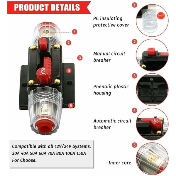 Bil Sikring Strømafbryder, Auto Strømafbryder Bilbeskyttelse 12V - 24V DC, Manuel Reset Strømafbryder Bil Lyd Sikring, Inline Sikringsblok (100A)