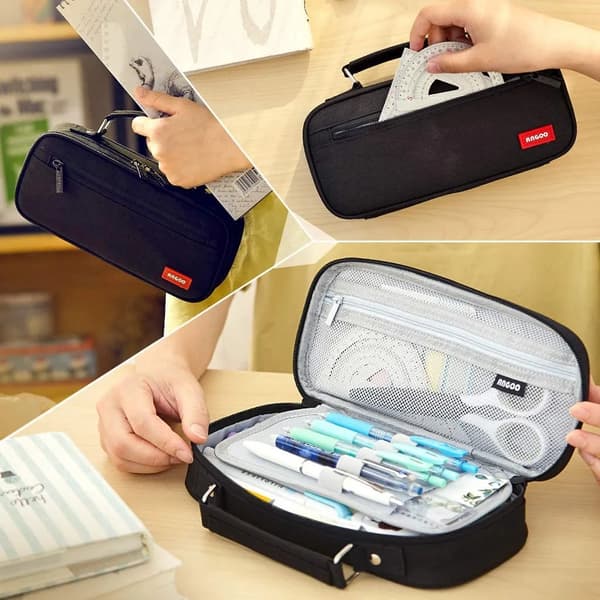 Pencil case, spacious multi-compartment pencil case for pens for university, work, office, school, yellow (black)