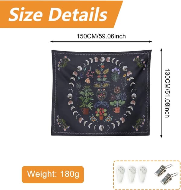 Botanisk Blommig Månfas Gobeläng, Polyester HD-tryck, Bohemisk Väggbonad för Sovrum, Strand, Picknick