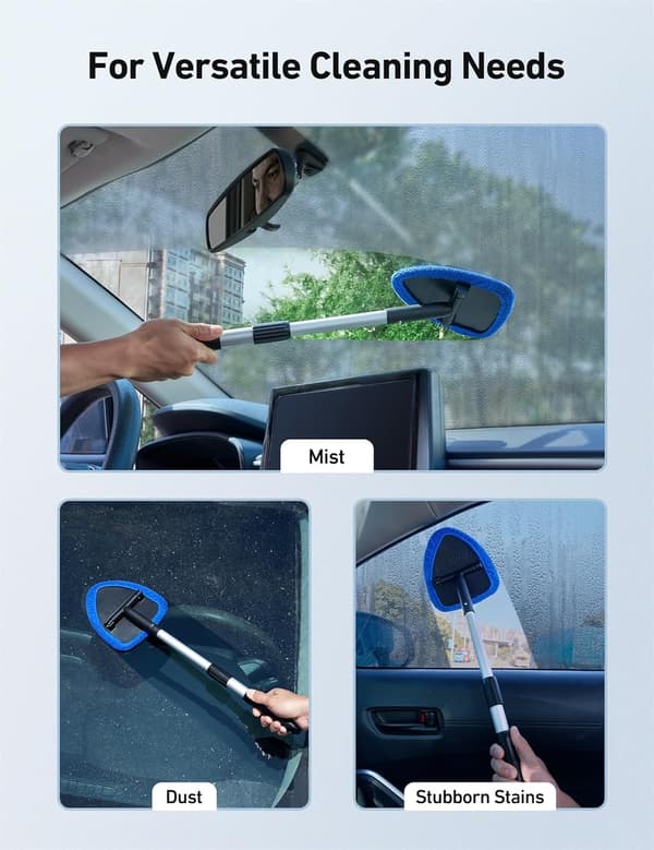 Car Interior Cleaning Kit with Extendable Handle and 4 Reusable Microfiber Pads, Car Window Wiper Brush Kit for Cars, Blue