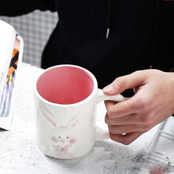 Rosa keramisk kaffemugg med 3D-kanindesign, söt påskpresent för barn, 400 ml