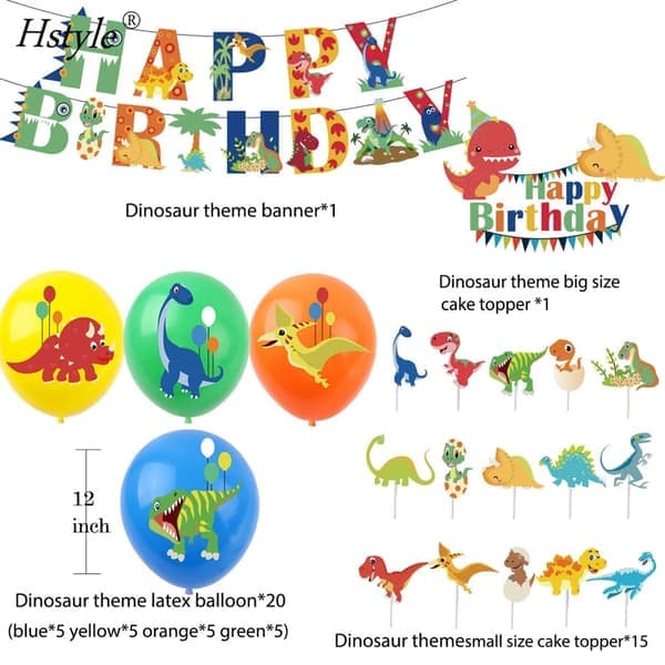 Dinosaur-tema bursdagsdekorasjonssett for gutter, dinosaur-bursdagsbanner, ballongkake, gaveinnpakningssett, blå.