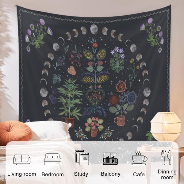 Botanisk Blommig Månfas Gobeläng, Polyester HD-tryck, Bohemisk Väggbonad för Sovrum, Strand, Picknick