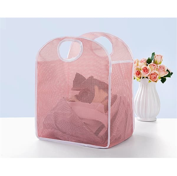 Klesvaskholder, sammenleggbar nylonvaskepose, skittentøyskurv, bærbar klesvaskholder, handlepose (rosa)