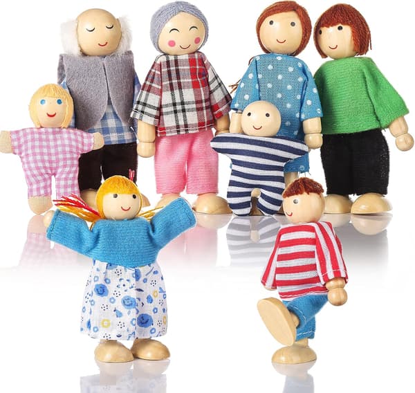 Trähusdocka Människor 8 Figurer, Dockfamilj Set Flickor Småbarn Dockhus Tillbehör Leksaker