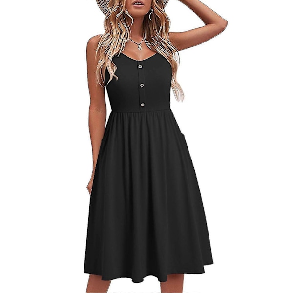 Women Fashion Button Summer Seaside Sling Sleeveless V-neck Solid Color Casual Dress -GDZD