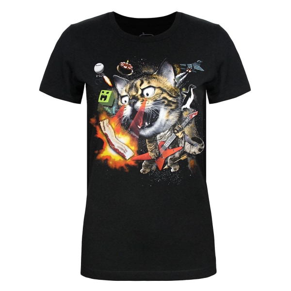 Goodie med to ærmer, kortærmet T-shirt til kvinder, sort kat grafisk placeringsprint X-Large